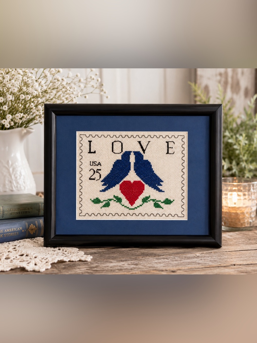 Vintage Framed Love Stamp Cross Stitch Folk Art Needlepoint Americana Wall Decor